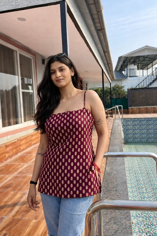 Wine Maroon Spaghetti Strap Backless Kurti