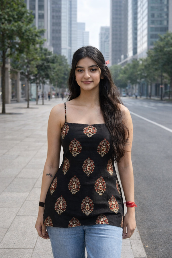 Dark Brown Diamond Spaghetti Strap Backless Kurti