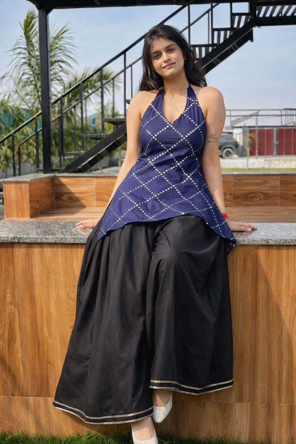 Royal Blue  Mirror Work Halter Backless Blouse