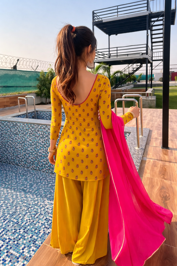 Yellow Cotton Sharara Suit Set (with Pink Dupatta)