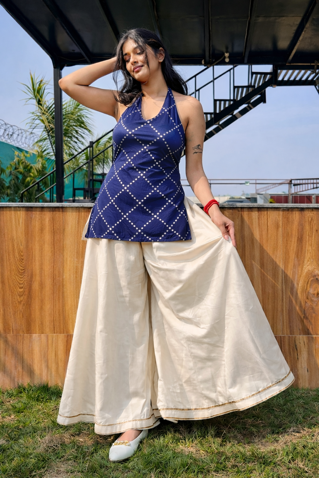 Royal Blue  Mirror Work Halter Backless Blouse