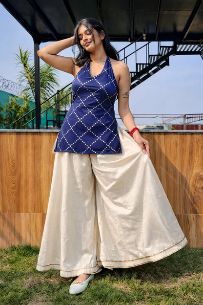 Royal Blue  Mirror Work Halter Backless Blouse