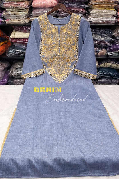 Denim Blue Embellished  Long Dress