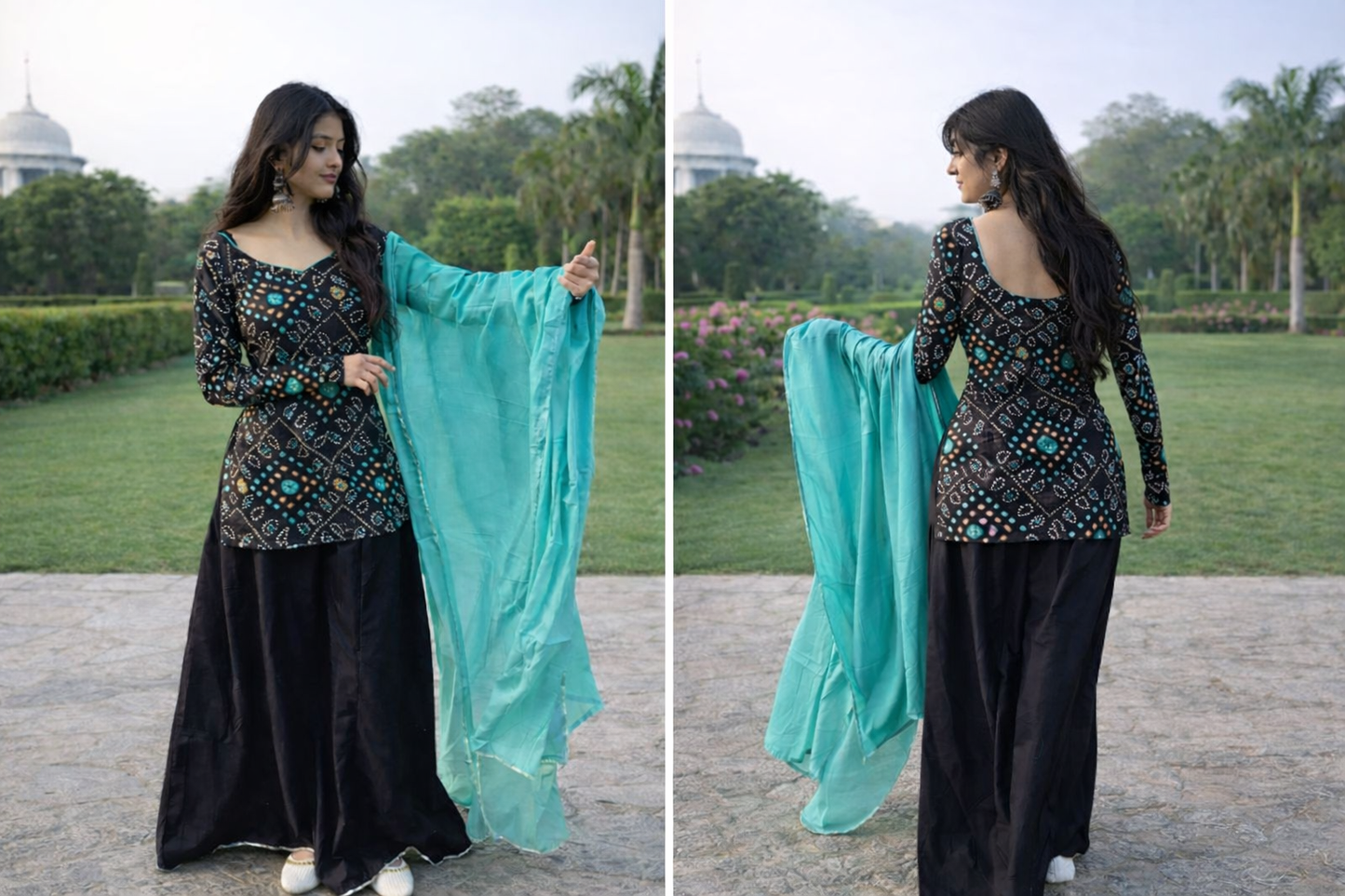 Black & Teal Bandhani Print Sharara Suit Set (with Teal Dupatta)