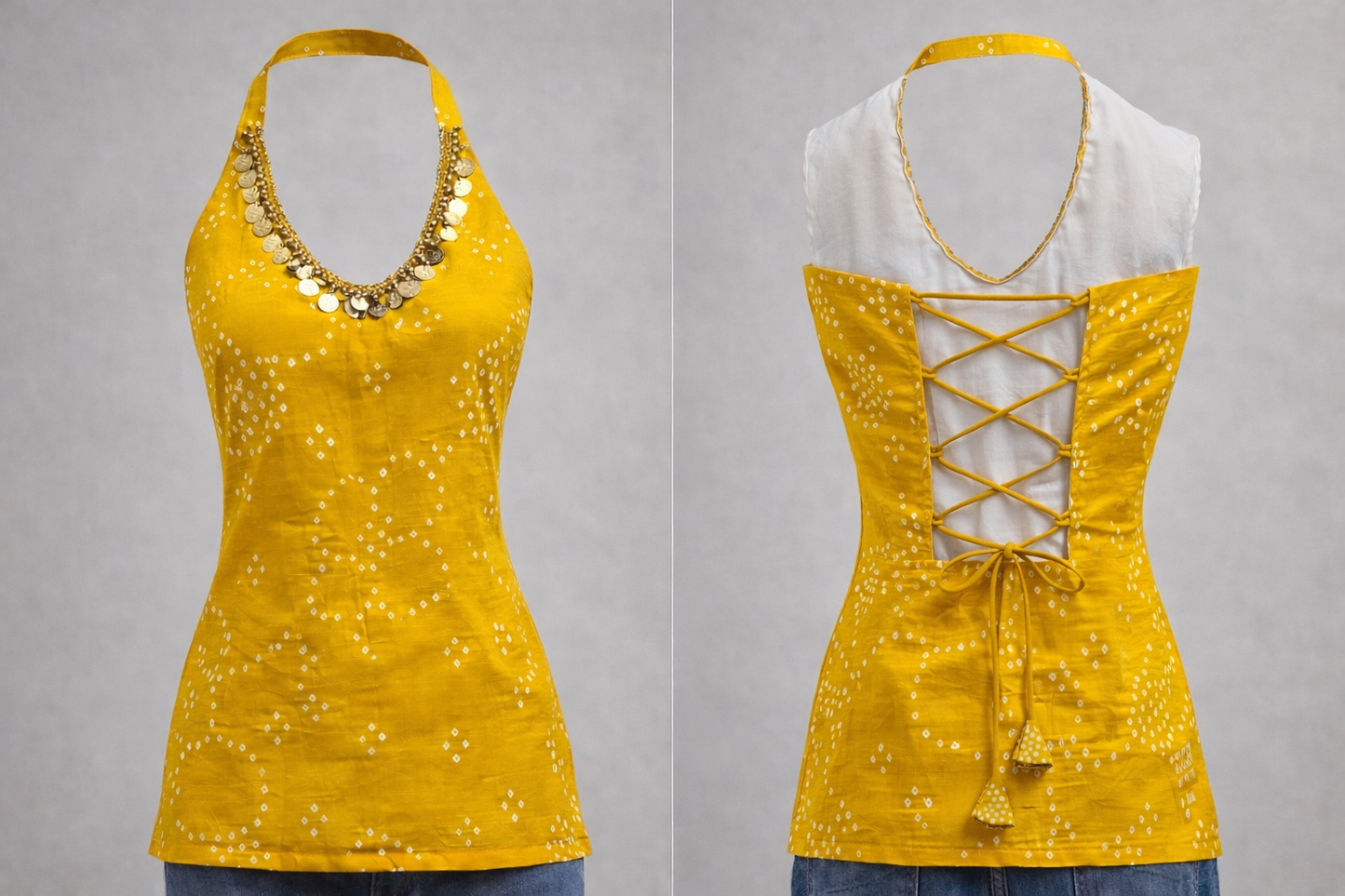 Mustard Yellow Backless Halter Kurti