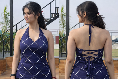 Royal Blue  Mirror Work Halter Backless Blouse