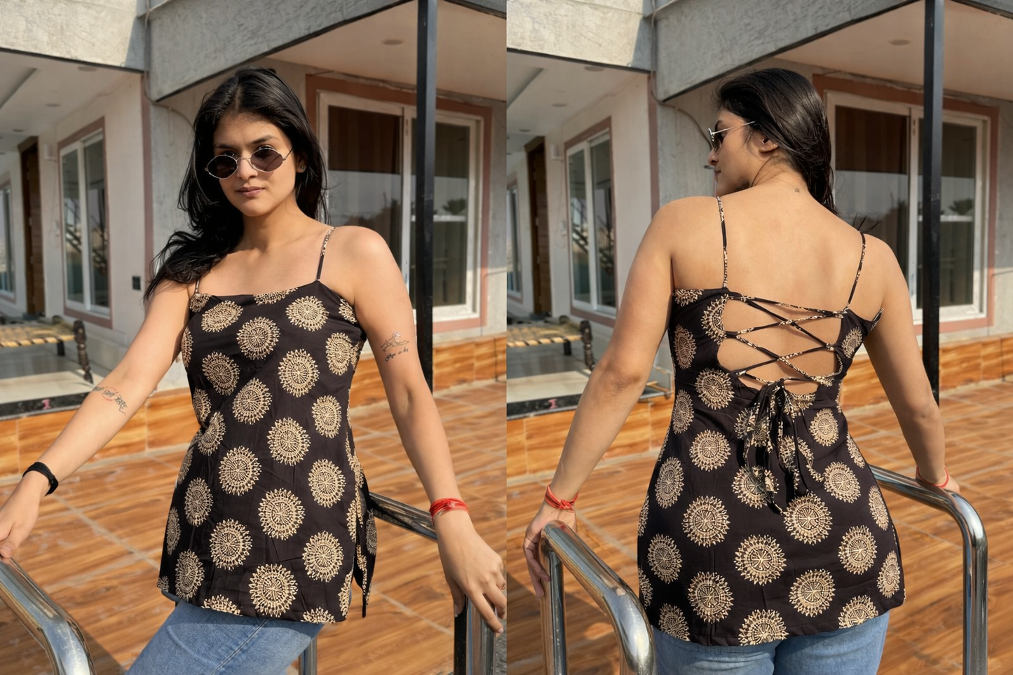 Black Medallion Spaghetti Strap Backless Kurti