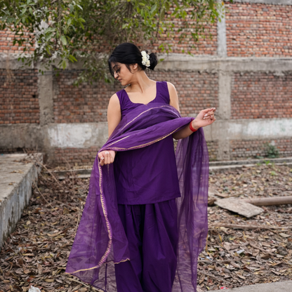 Deep Purple Sleeveless Farshi Suit Set with Organza Dupatta