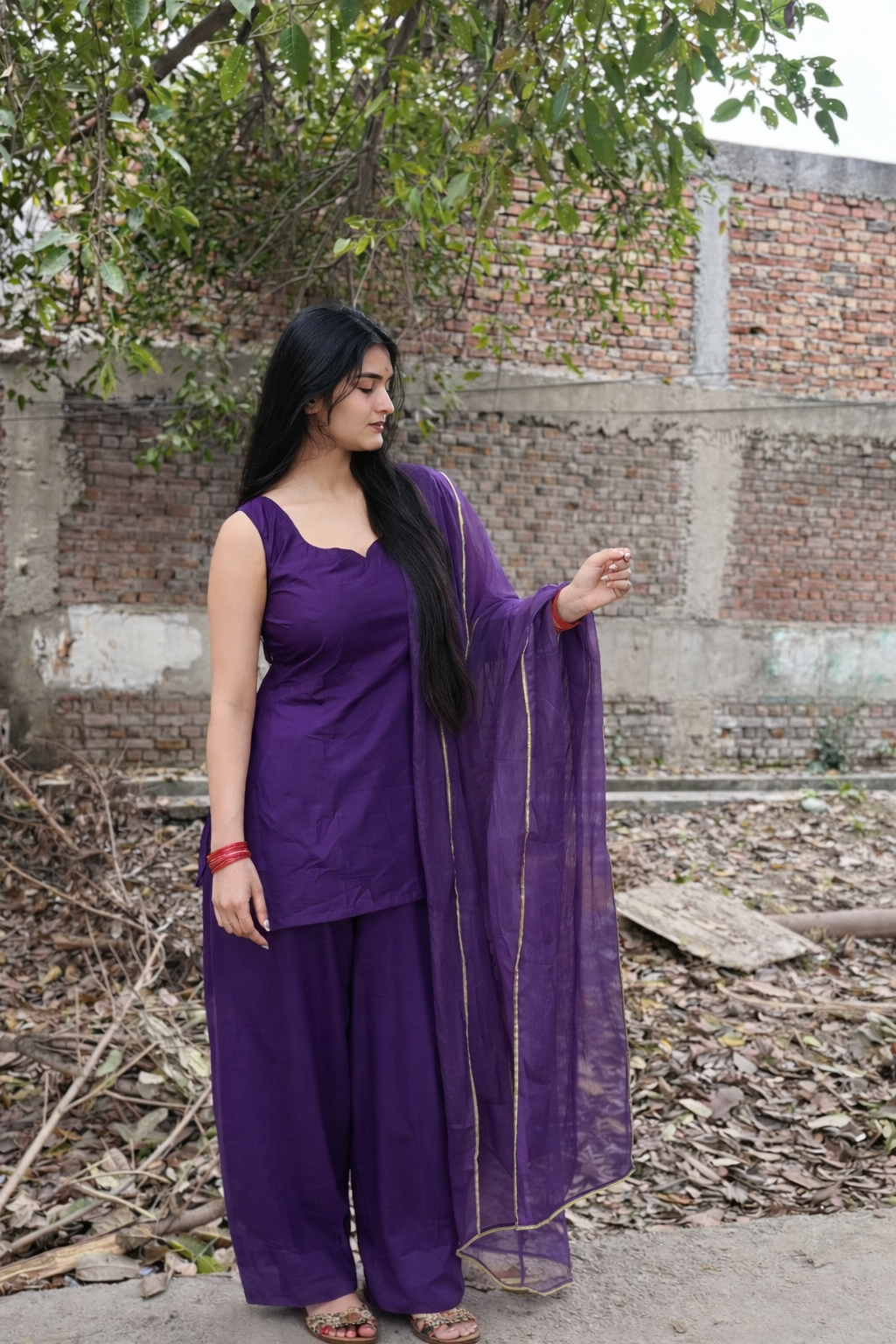 Deep Purple Sleeveless Farshi Suit Set with Organza Dupatta