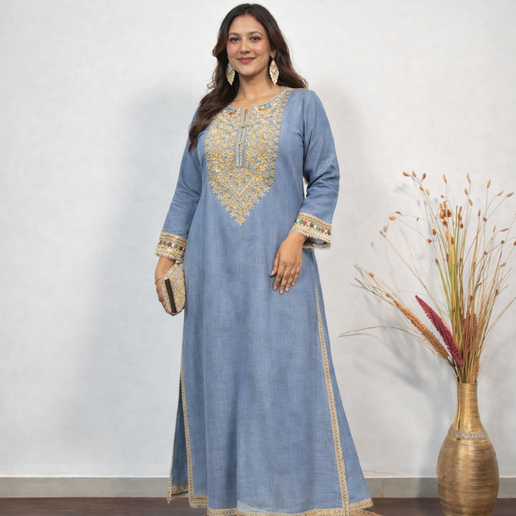 Denim Blue Embellished  Long Dress