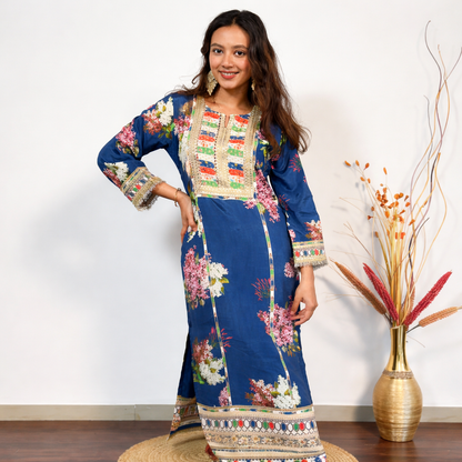 Royal Blue Floral Embellished Long Dress
