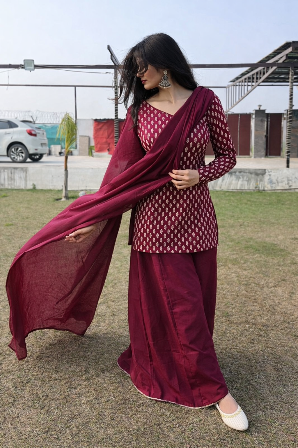 Wine Maroon Cotton Sharara Suit Set (with Dupatta)