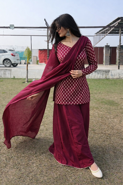 Wine Maroon Cotton Sharara Suit Set (with Dupatta)