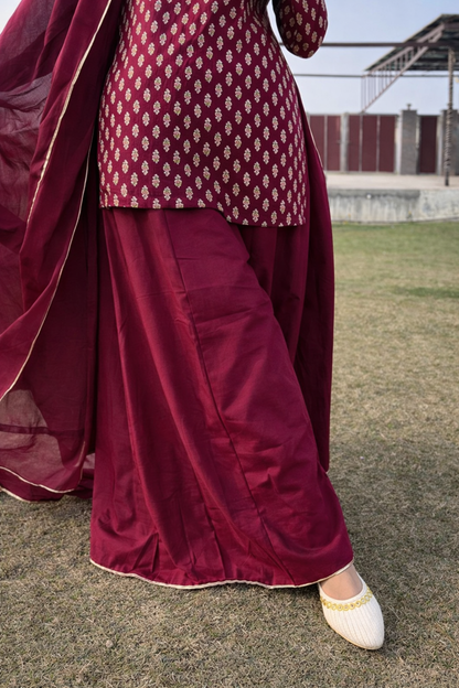 Wine Maroon Cotton Sharara Suit Set (with Dupatta)