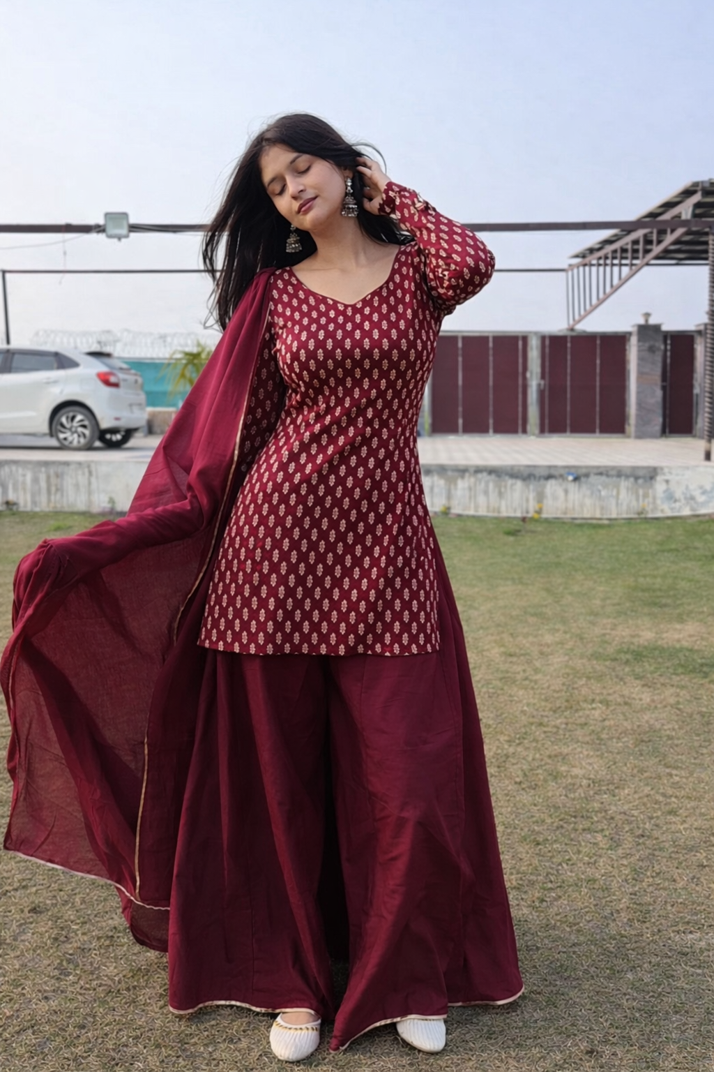 Wine Maroon Cotton Sharara Suit Set (with Dupatta)