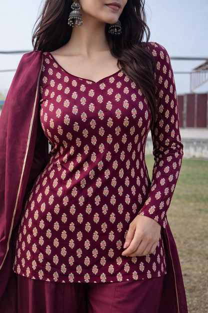 Wine Maroon Cotton Sharara Suit Set (with Dupatta)