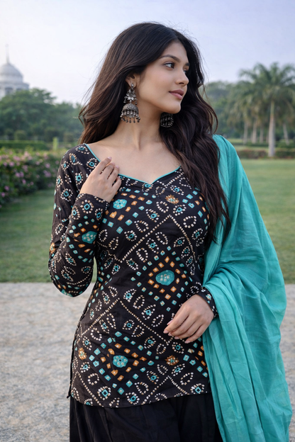 Black & Teal Bandhani Print Sharara Suit Set (with Teal Dupatta)
