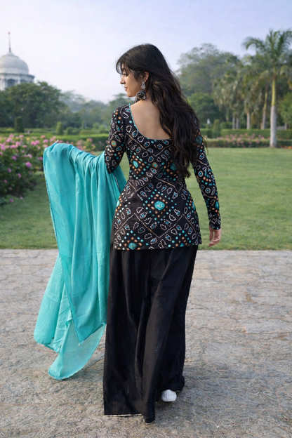 Black & Teal Bandhani Print Sharara Suit Set (with Teal Dupatta)