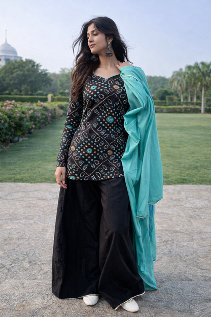 Black & Teal Bandhani Print Sharara Suit Set (with Teal Dupatta)