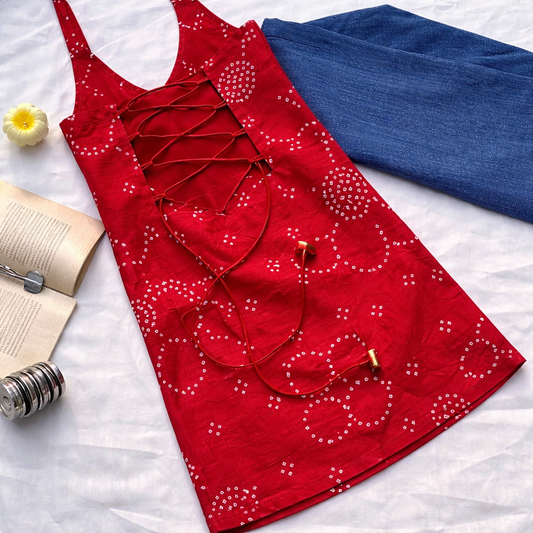 Cherry Red Backless Halter Kurti