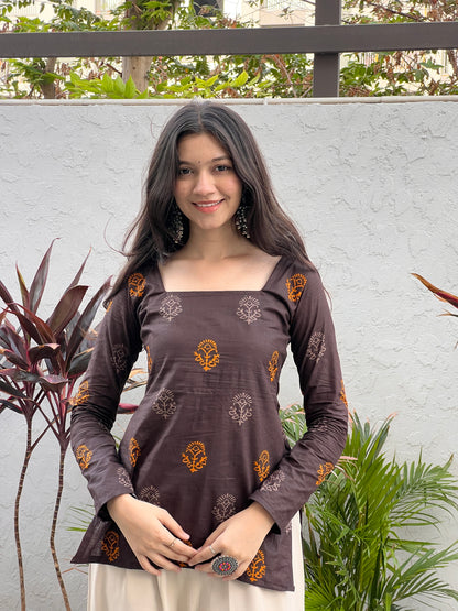Espresso Bloom Kurti - Long Sleeves