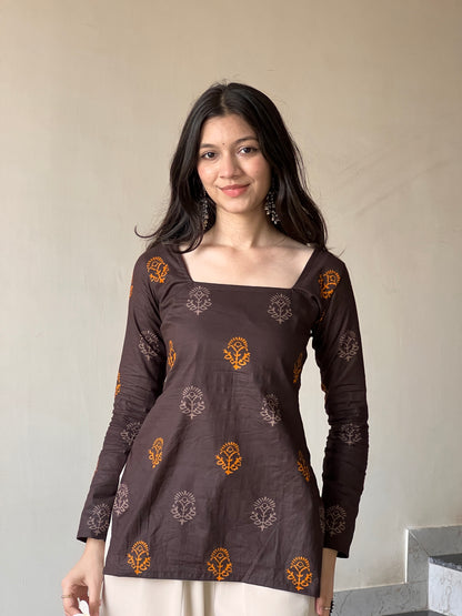 Espresso Bloom Kurti - Long Sleeves
