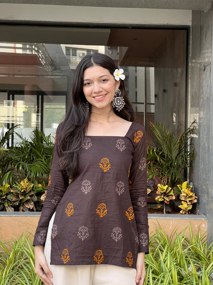 Espresso Bloom Kurti - Long Sleeves