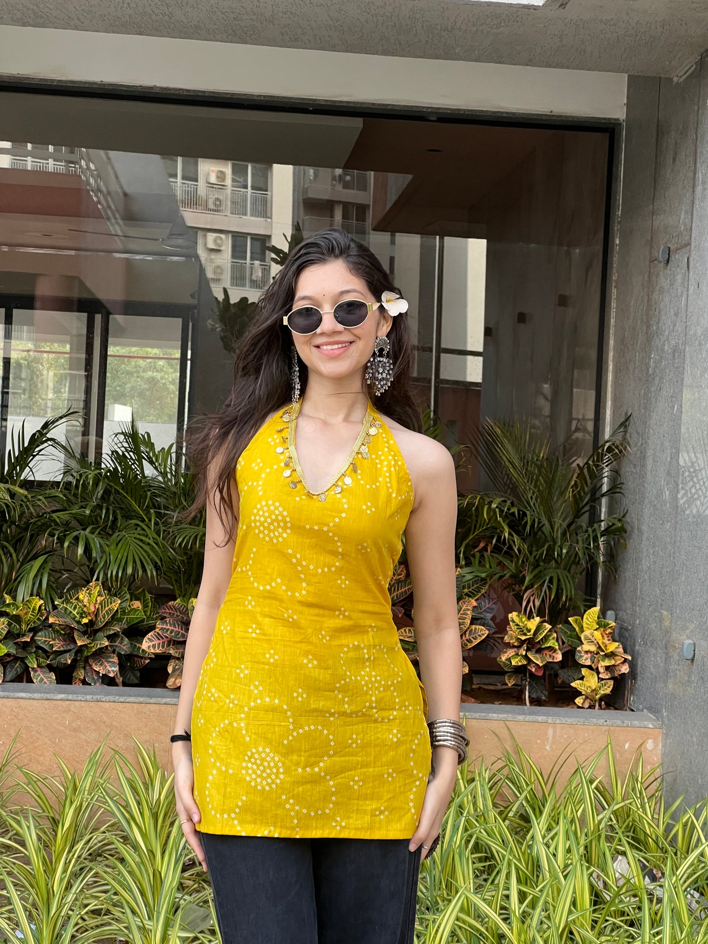Mustard Yellow Backless Halter Kurti
