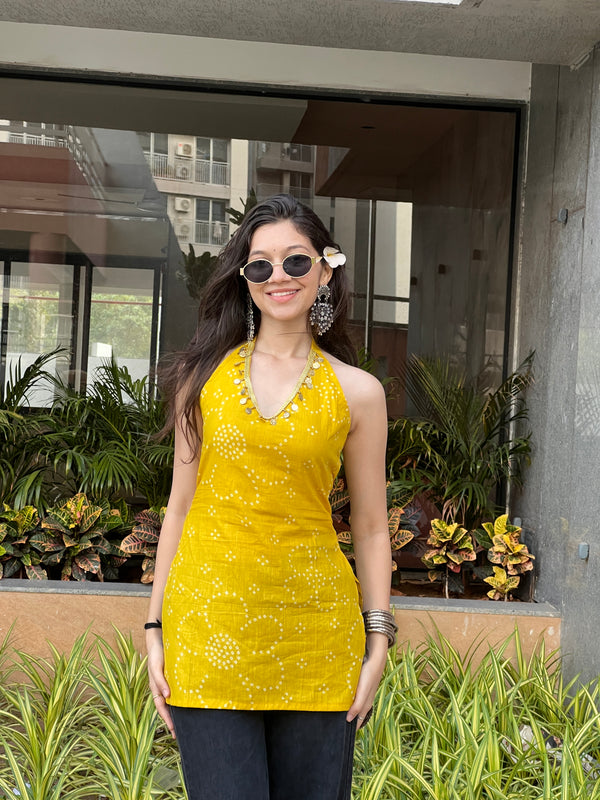 Mustard Yellow Backless Halter Kurti