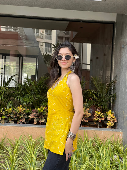 Mustard Yellow Backless Halter Kurti
