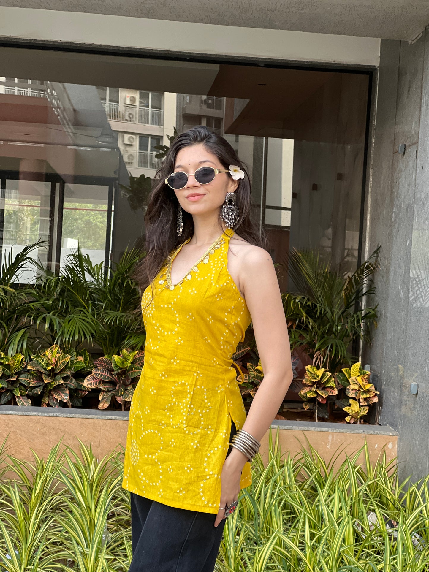 Mustard Yellow Backless Halter Kurti