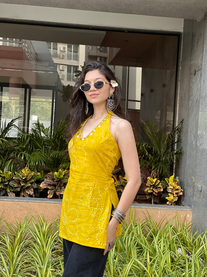 Mustard Yellow Backless Halter Kurti