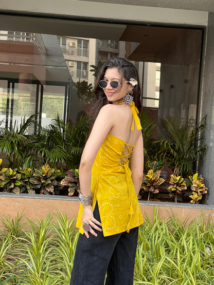 Mustard Yellow Backless Halter Kurti