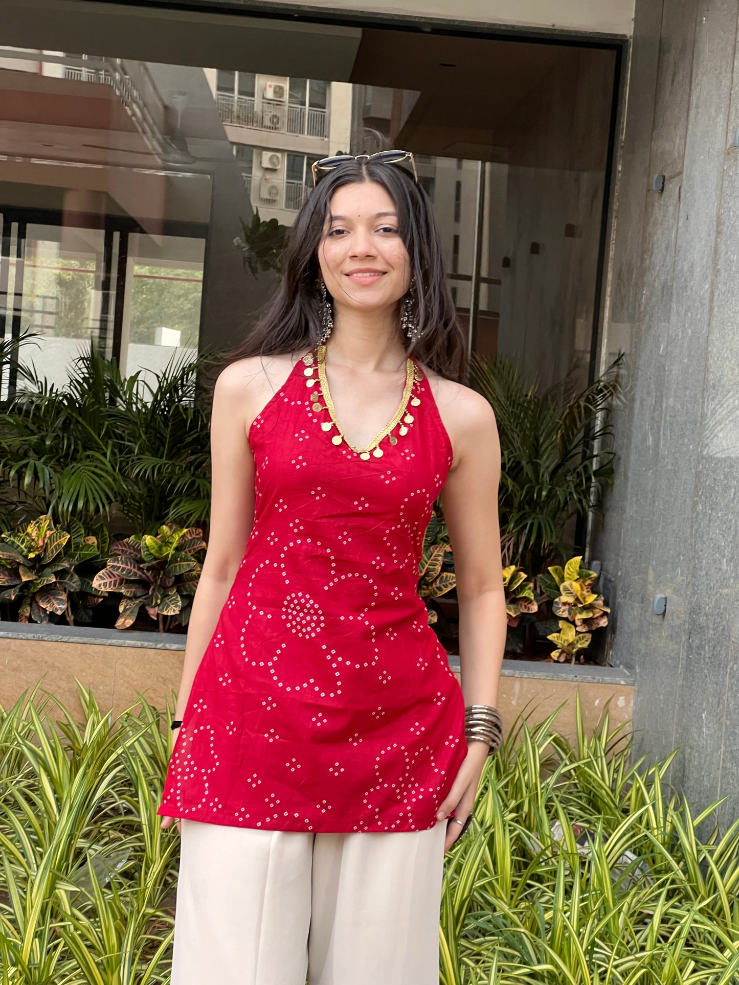 Cherry Red Backless Halter Kurti