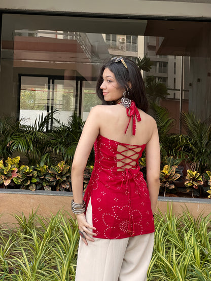 Cherry Red Backless Halter Kurti