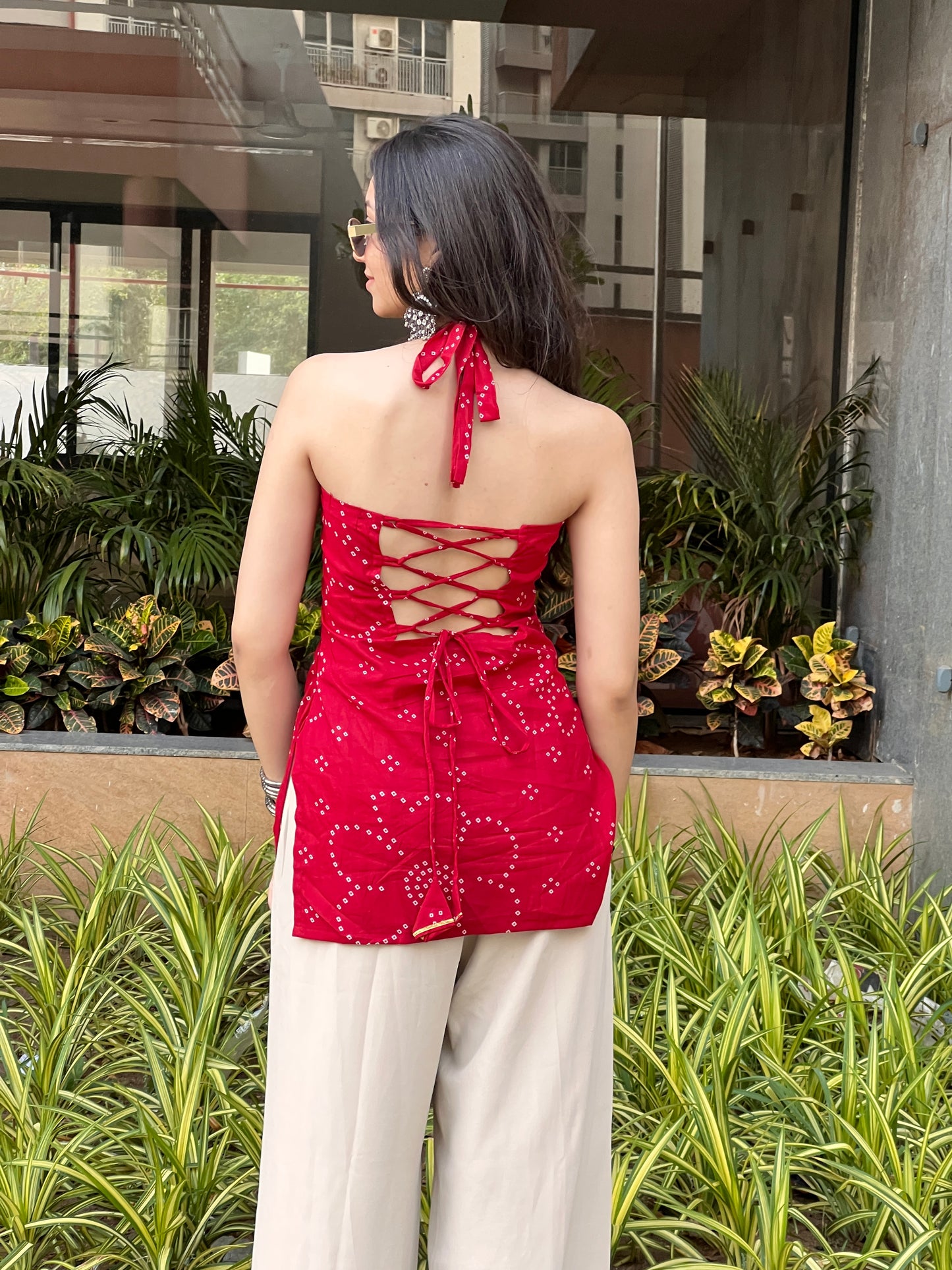 Cherry Red Backless Halter Kurti