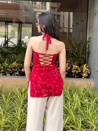 Cherry Red Backless Halter Kurti