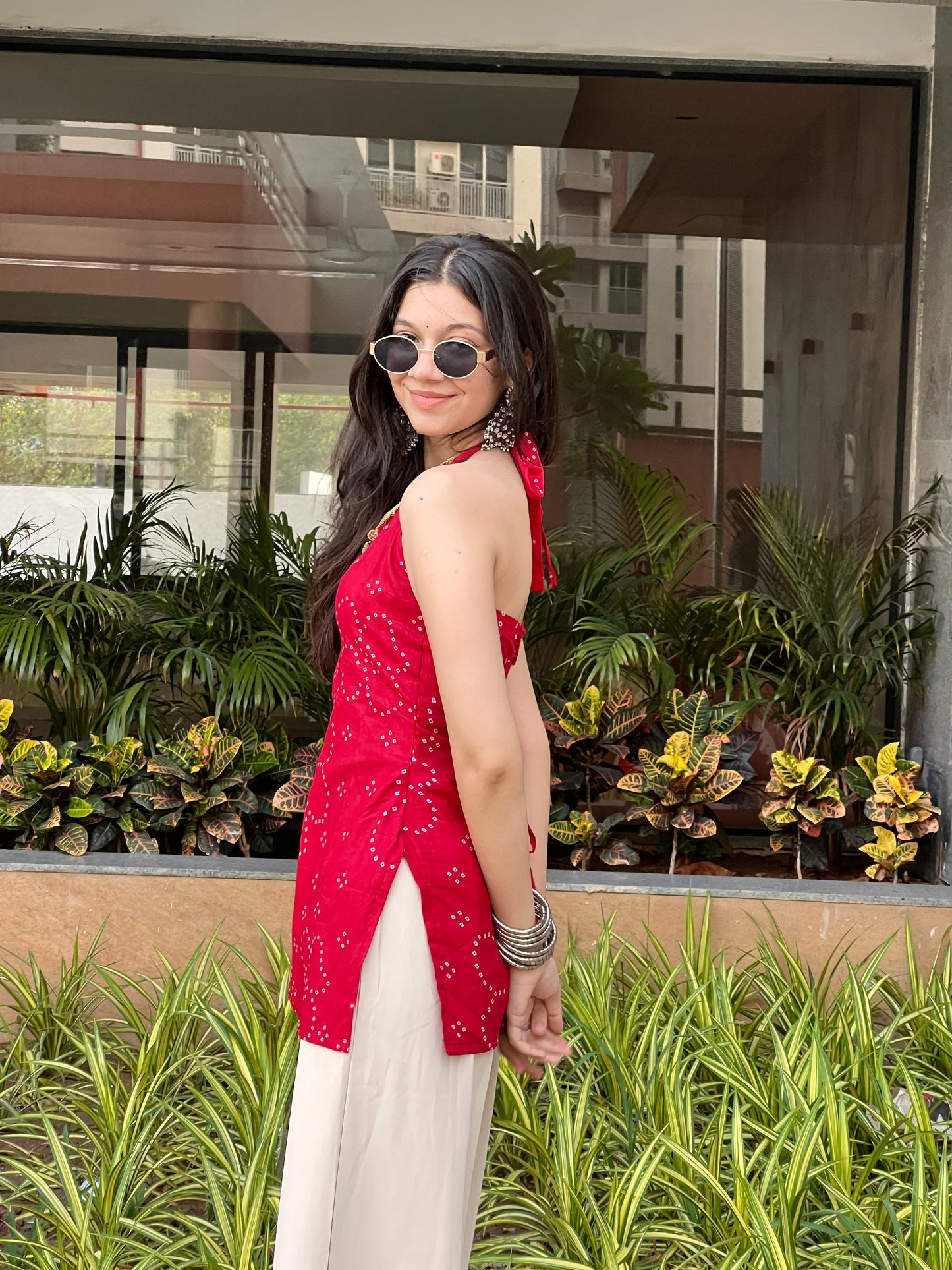 Cherry Red Backless Halter Kurti