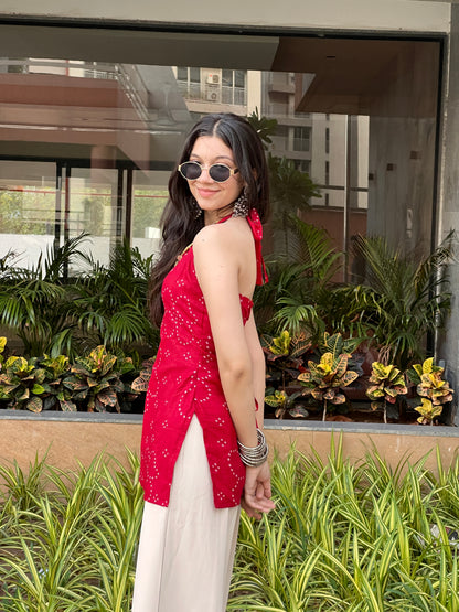 Cherry Red Backless Halter Kurti