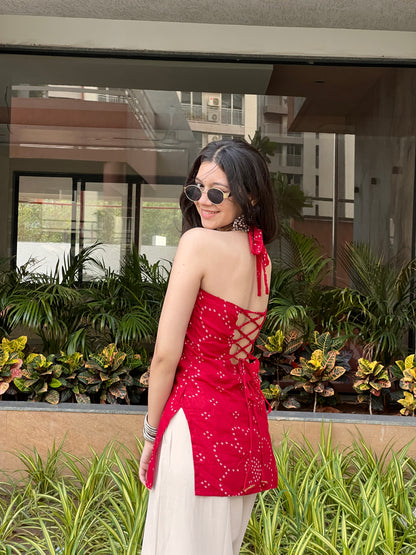 Cherry Red Backless Halter Kurti