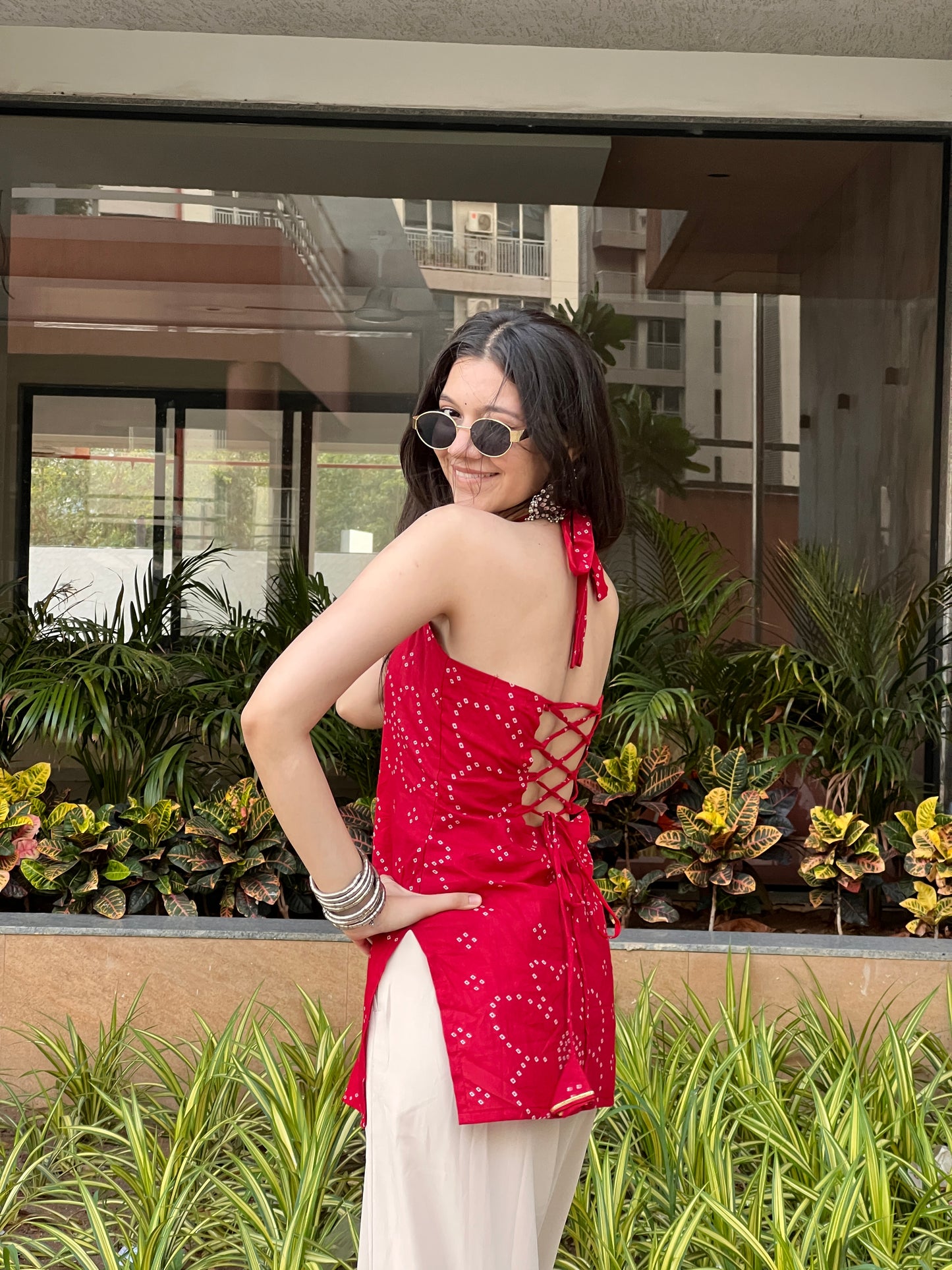 Cherry Red Backless Halter Kurti