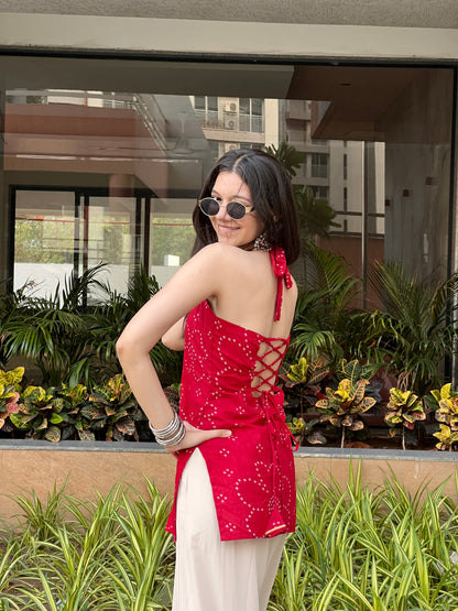 Cherry Red Backless Halter Kurti