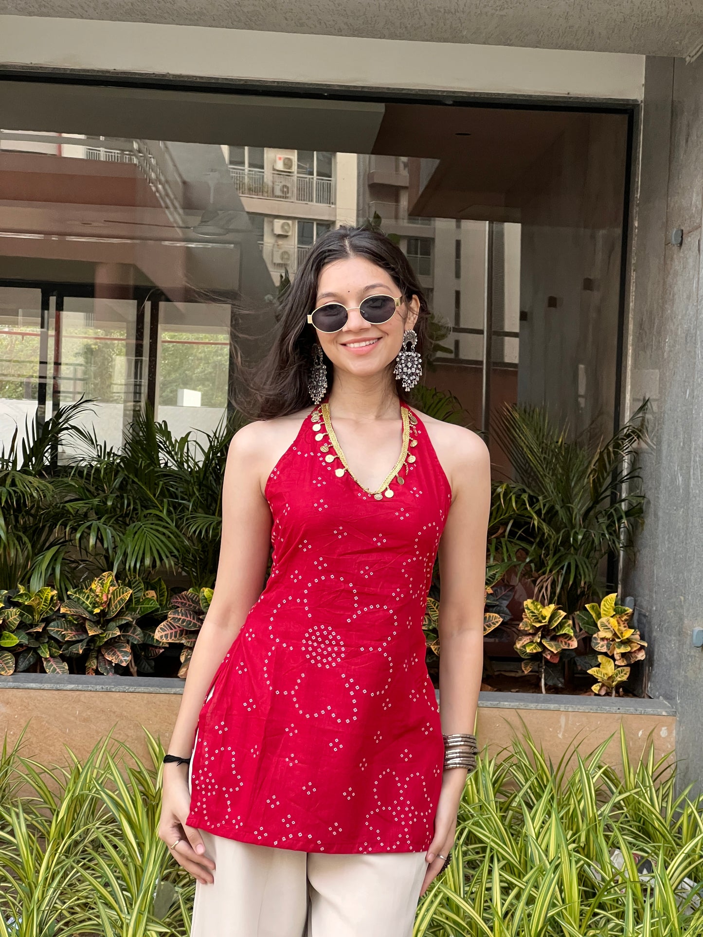 Cherry Red Backless Halter Kurti