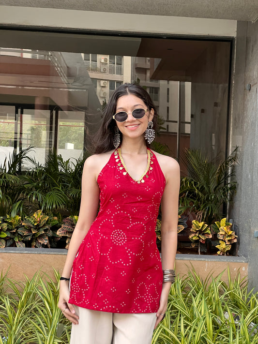 Cherry Red Backless Halter Kurti