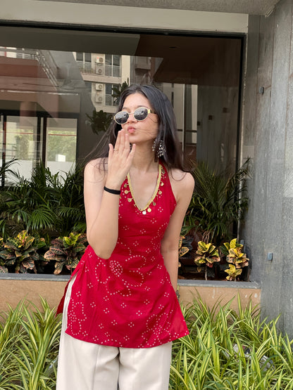 Cherry Red Backless Halter Kurti