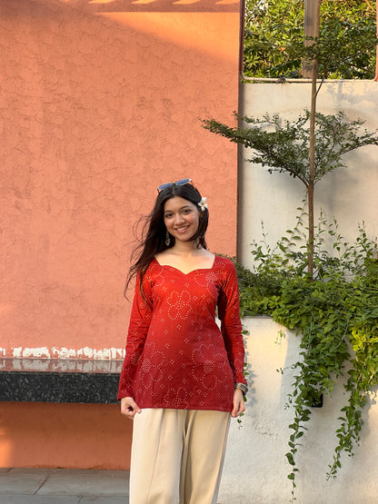 Rust Bandhini Long Sleeve Backless Kurti