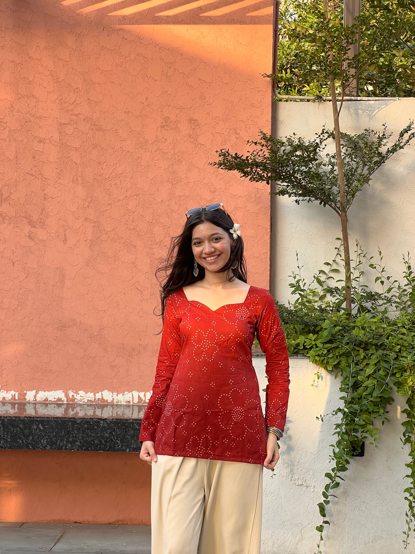 Rust Bandhini Long Sleeve Backless Kurti
