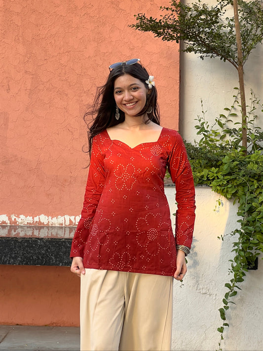 Rust Bandhini Long Sleeve Backless Kurti