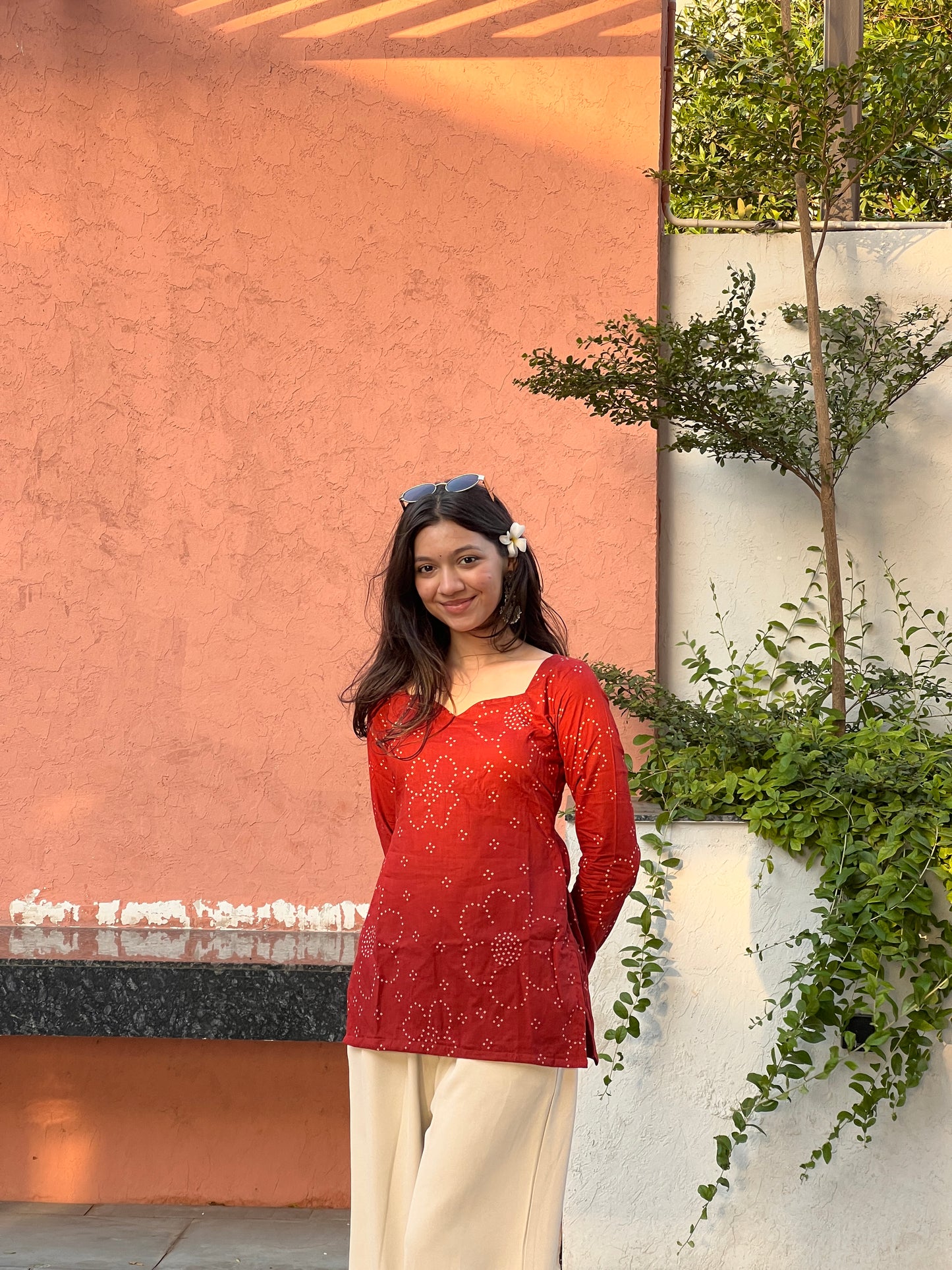 Rust Bandhini Long Sleeve Backless Kurti