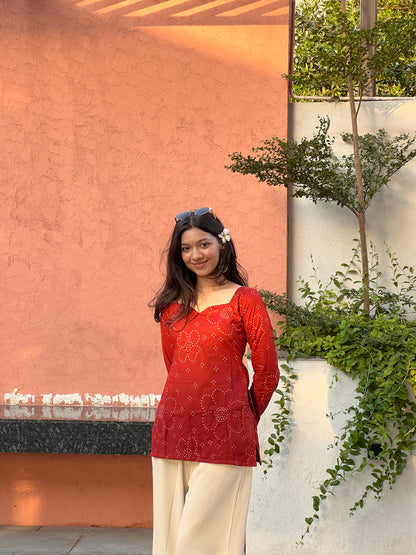 Rust Bandhini Long Sleeve Backless Kurti